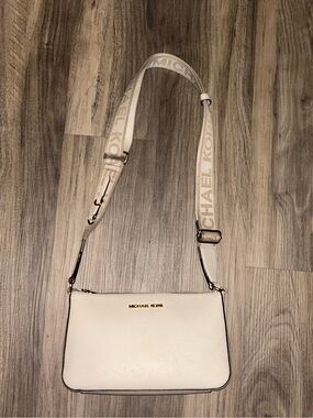 Michael Kors Cream Leather Crossbody with Logo Webbing Strap